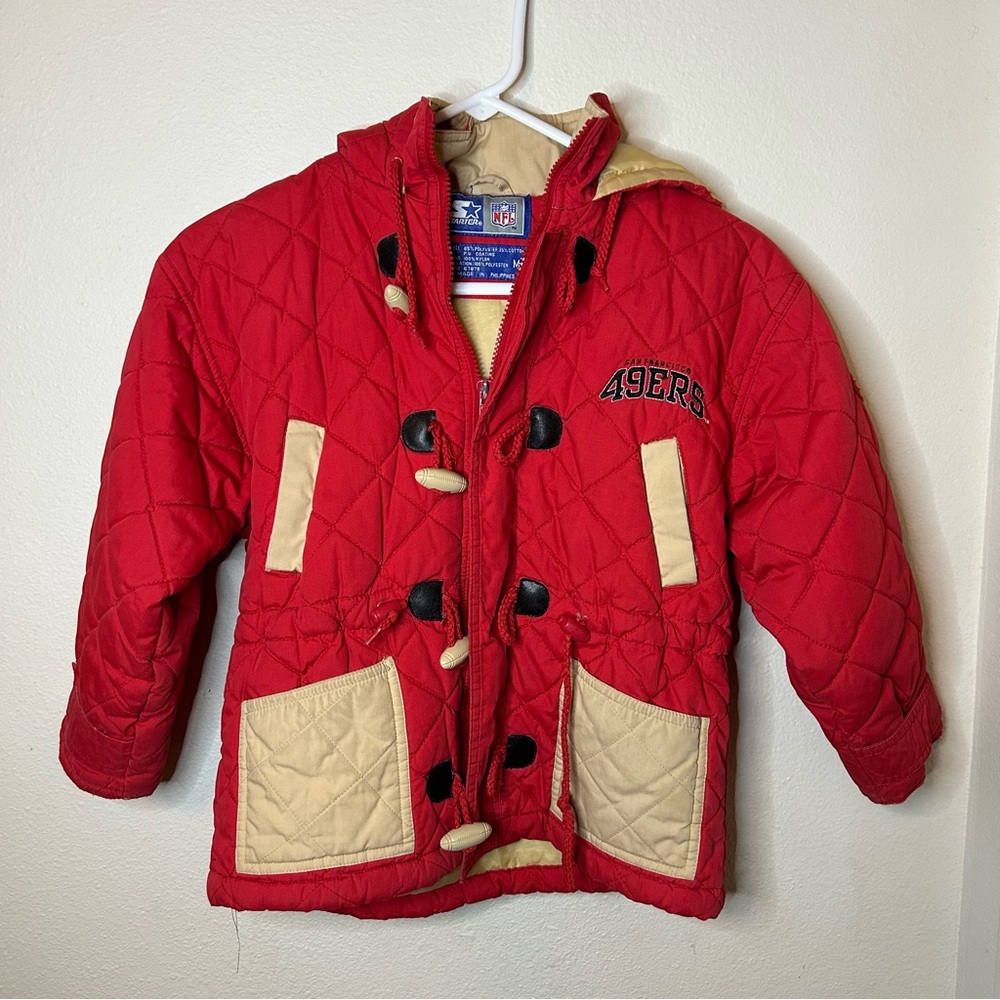 Vtg Starter 49ers Quilted Parka Kids Jacket Double Closure Size Medium Red Gold